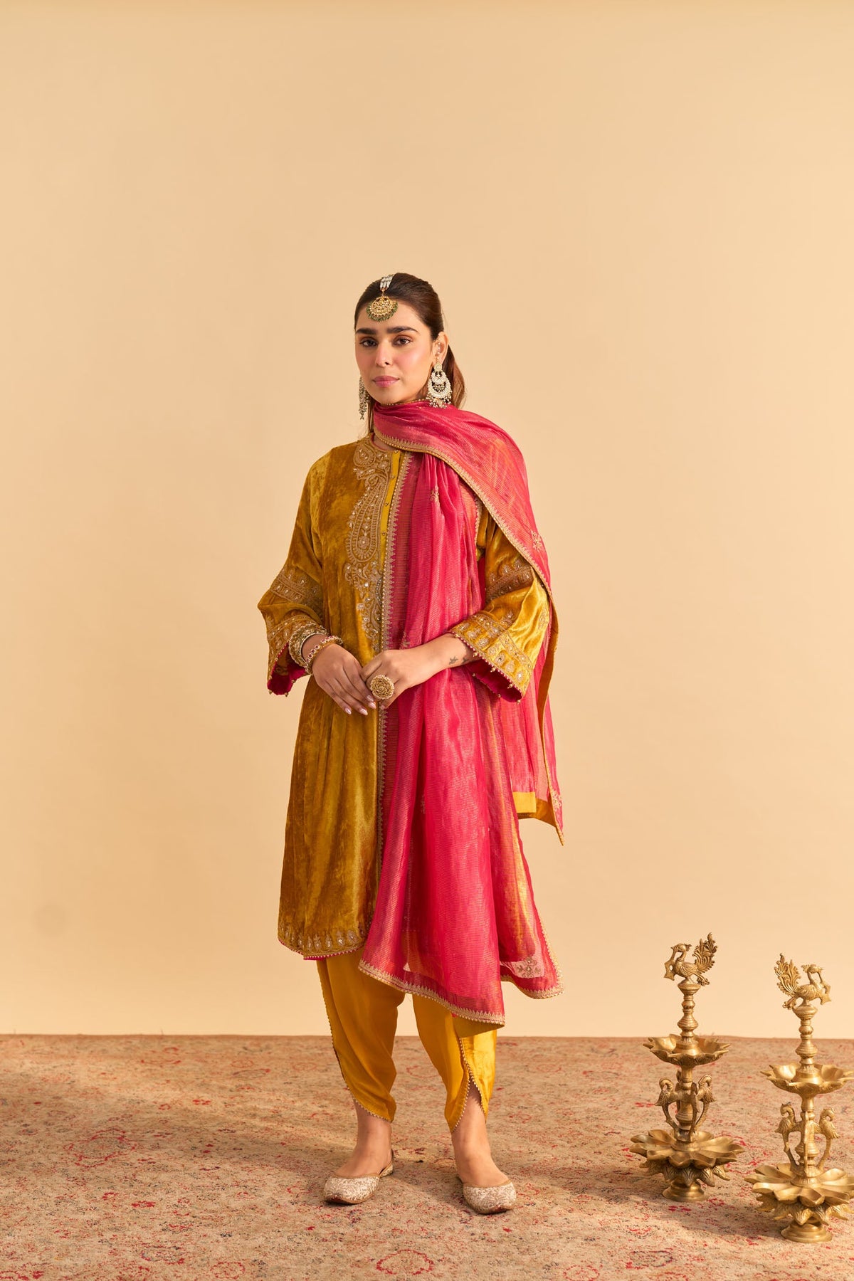 Amal - Silk Velvet Heirloom Mustard A-line Kurta with Dhoti