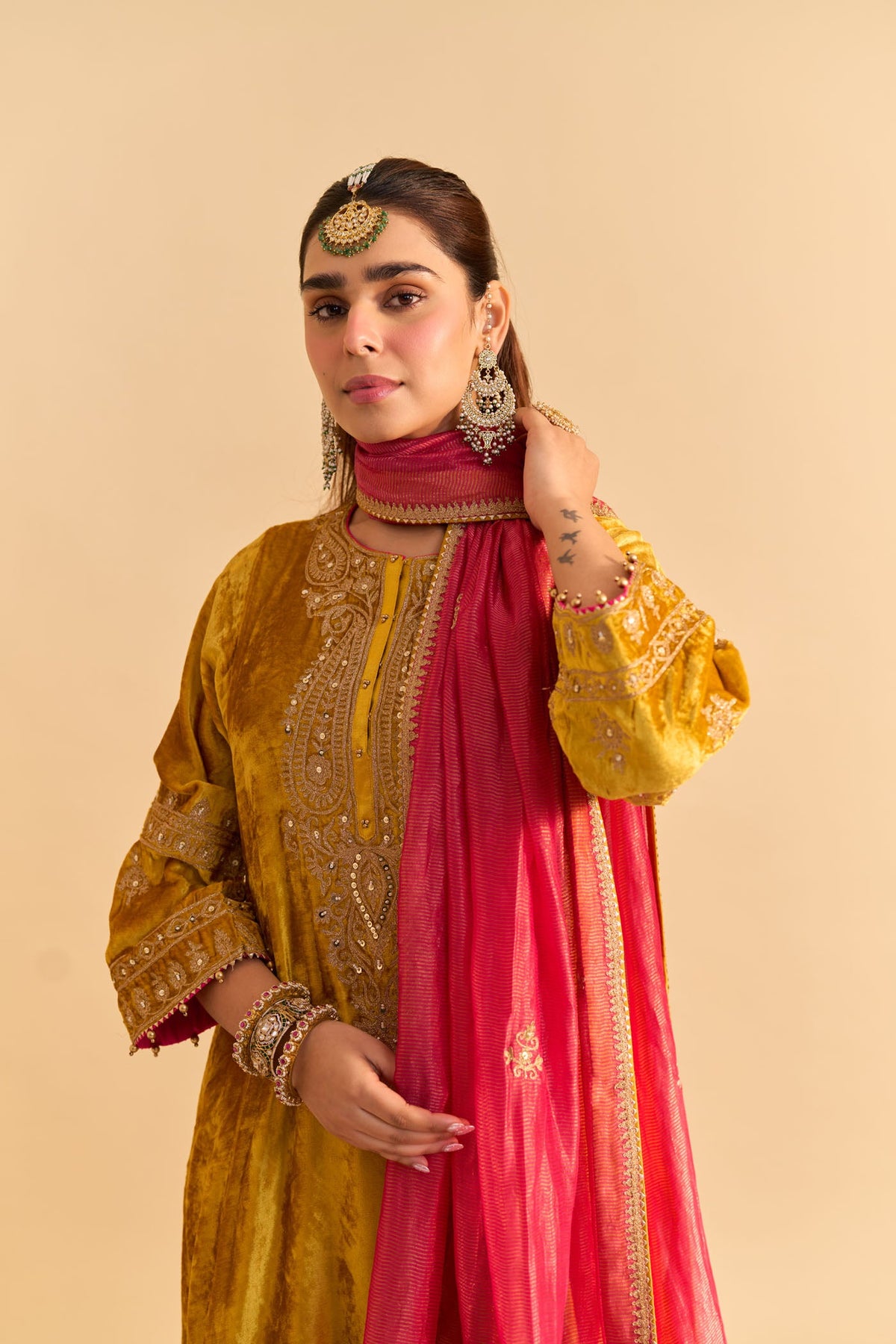 Amal - Silk Velvet Heirloom Mustard A-line Kurta with Dhoti