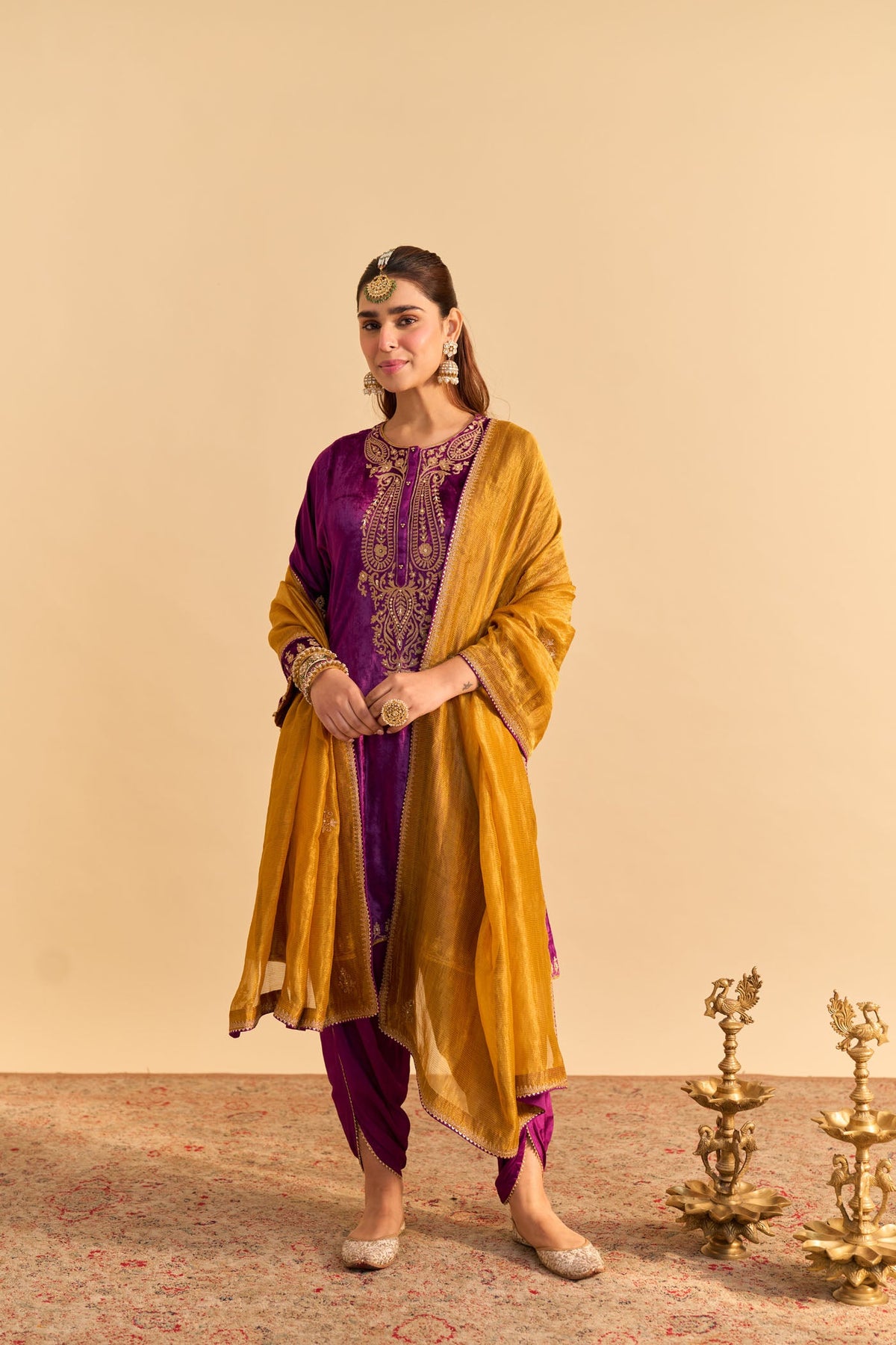 Amal - Silk Velvet Deep Purple A-line Kurta with Dhoti