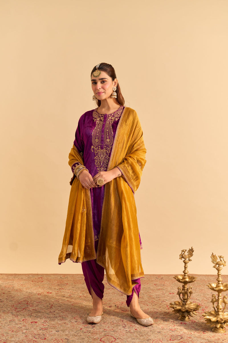 Amal - Silk Velvet Deep Purple A-line Kurta with Dhoti