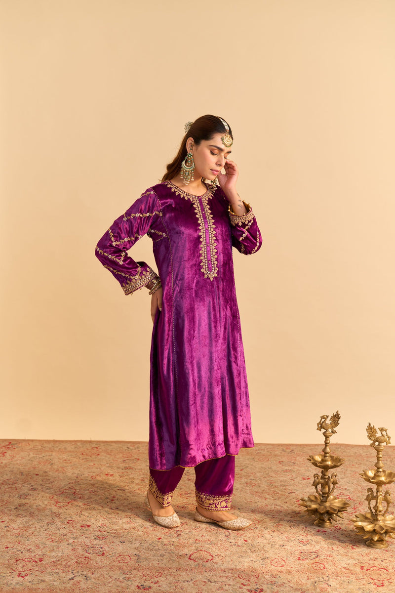 Azmiya - Silk Velvet Deep Purple Chauga with Salwar