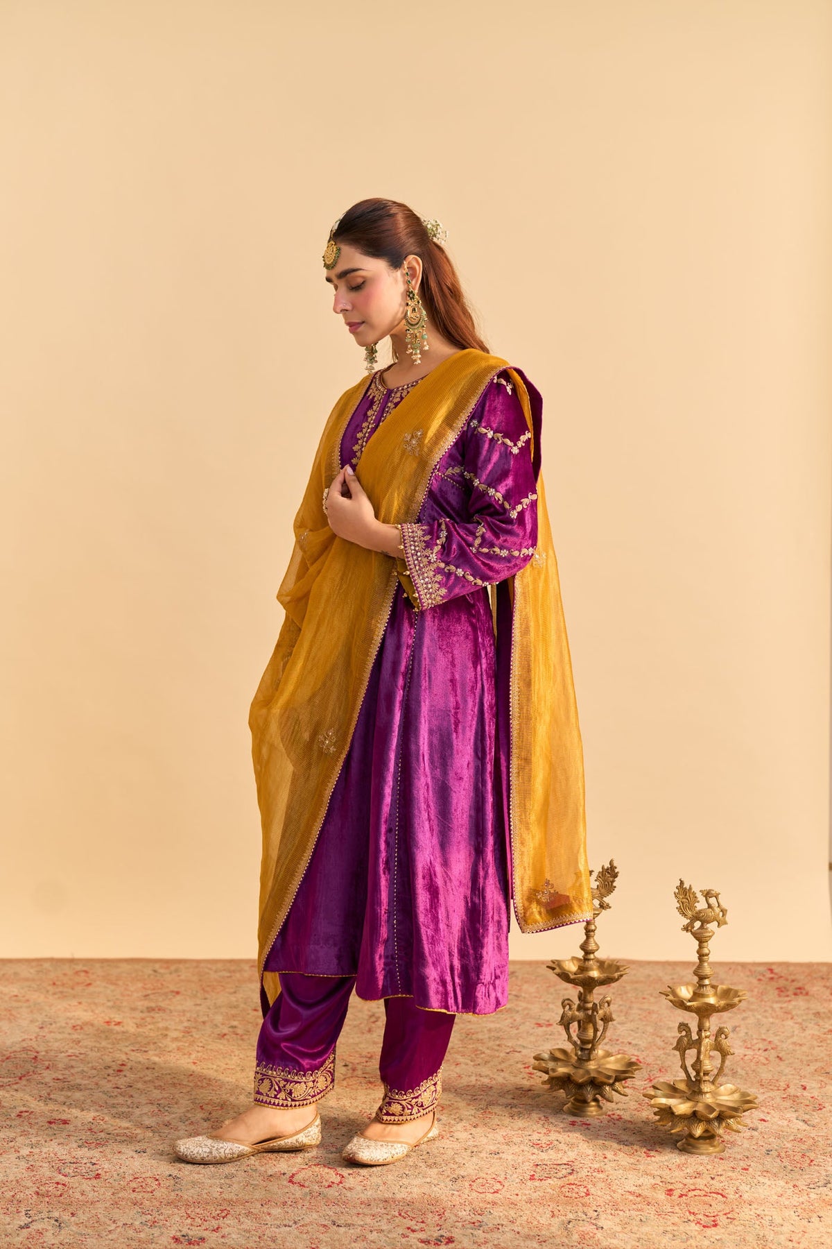 Azmiya - Silk Velvet Deep Purple Chauga with Salwar