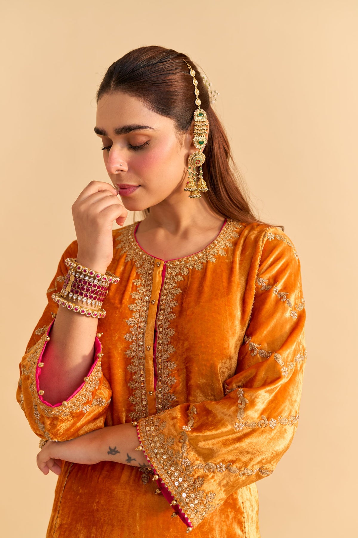 Azmiya - Silk Velvet Orange Chauga with Salwar