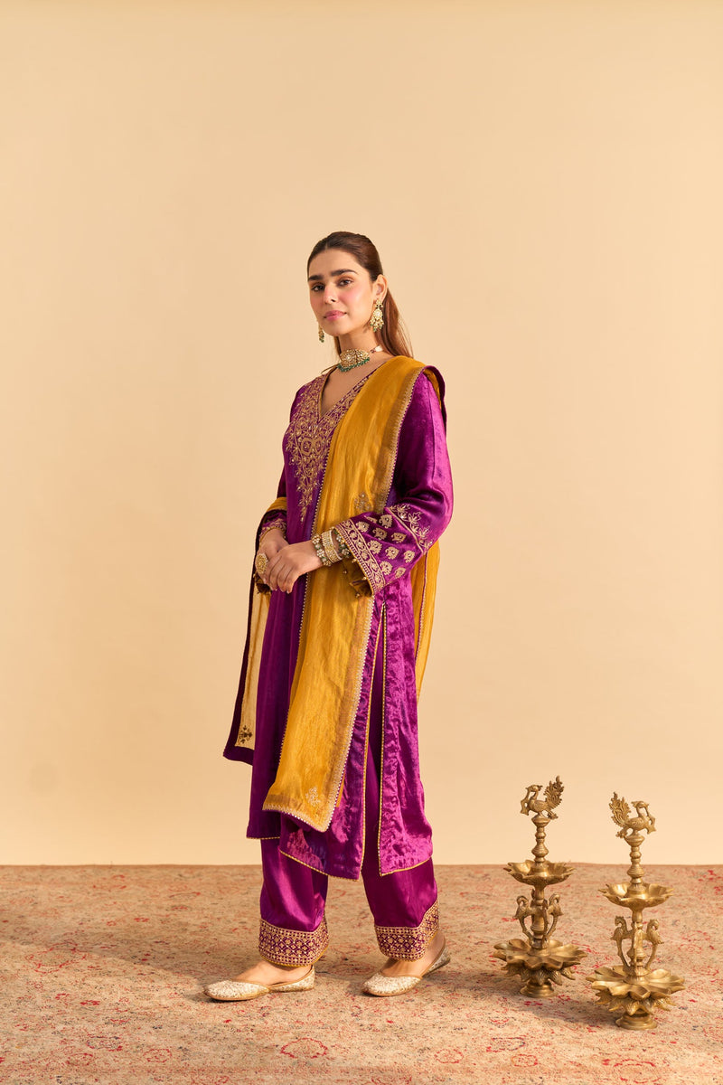 Aynaz - Silk Velvet Deep Purple Kurta with Salwar