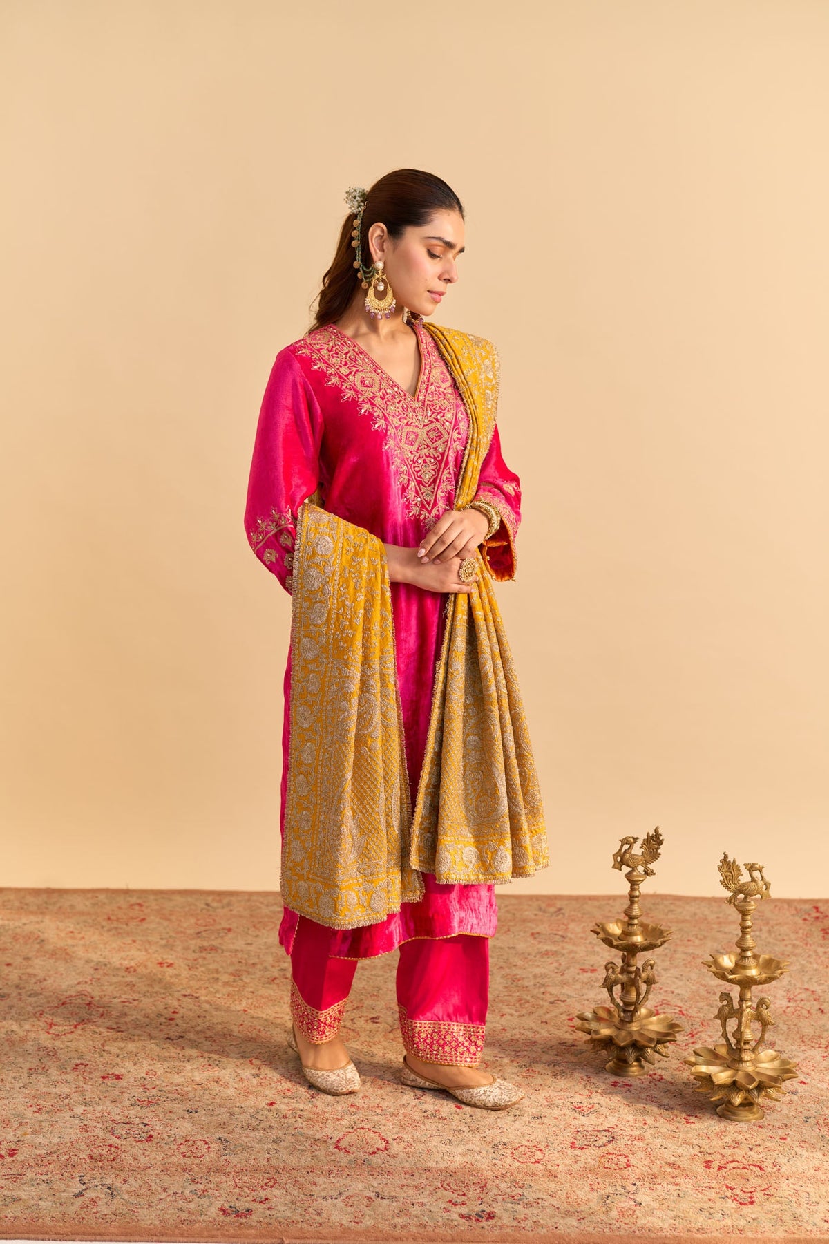 Aynaz - Silk Velvet Rani Hotpink Kurta with Salwar