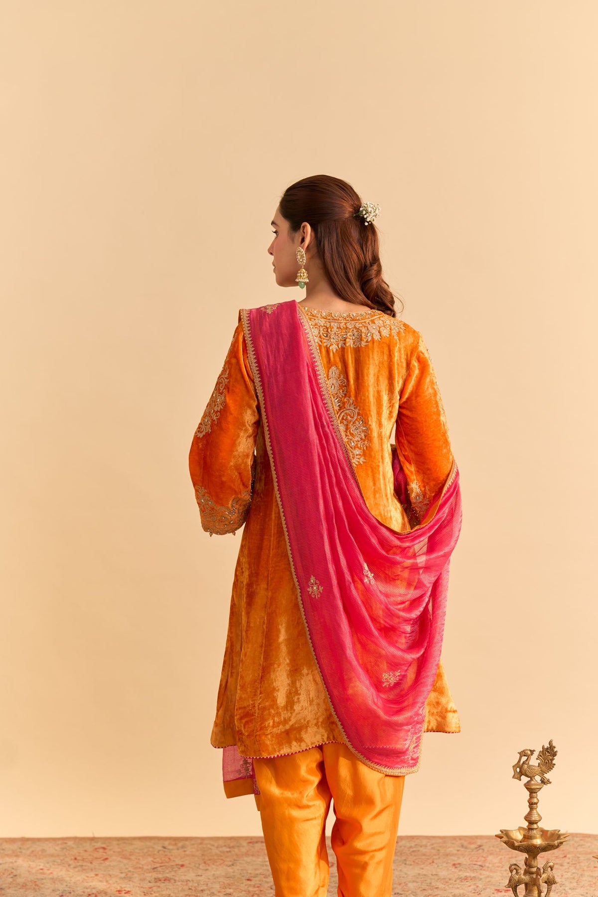 Eira - Silk Velvet Orange A-line Kurta with Dhoti