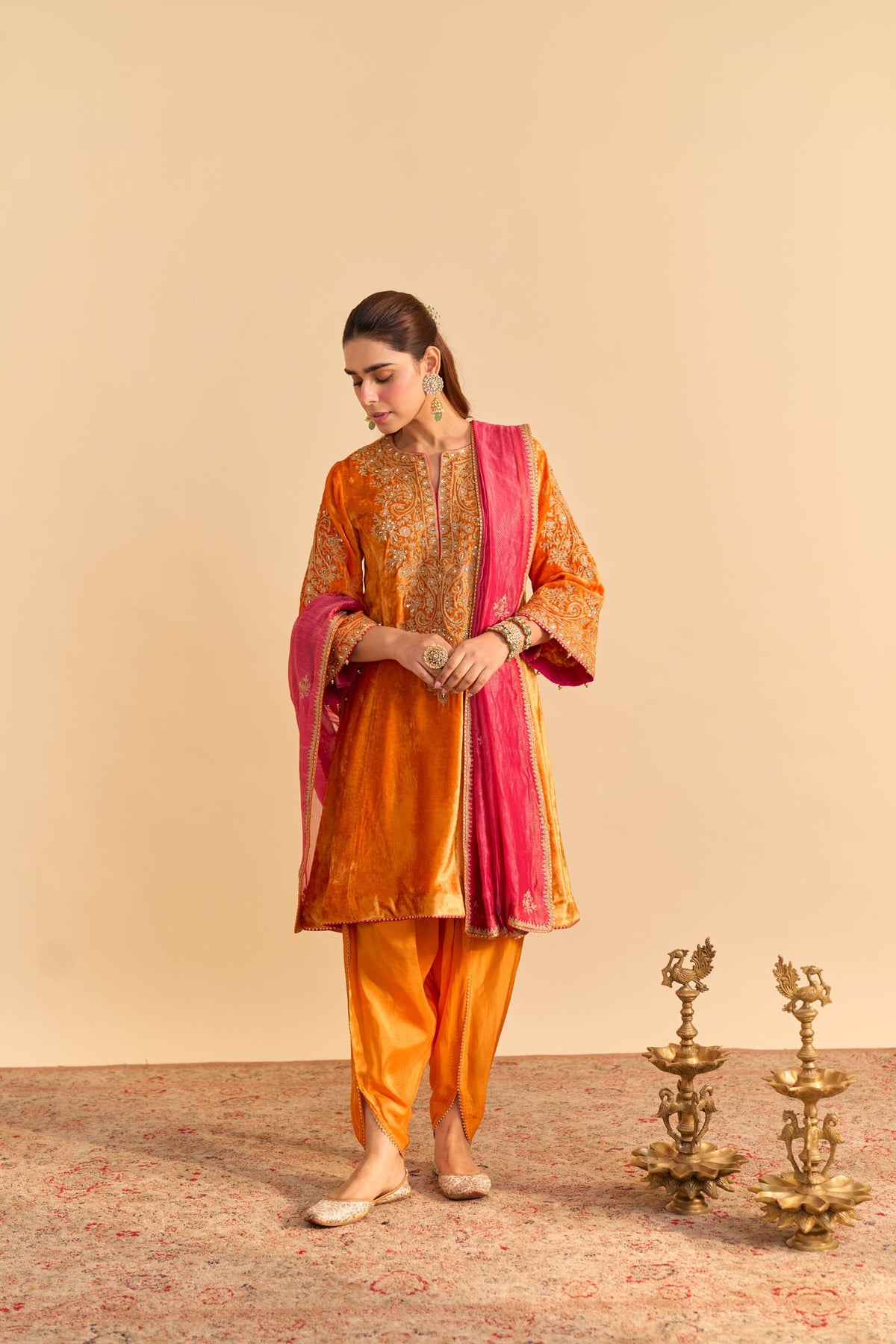 Eira - Silk Velvet Orange A-line Kurta with Dhoti