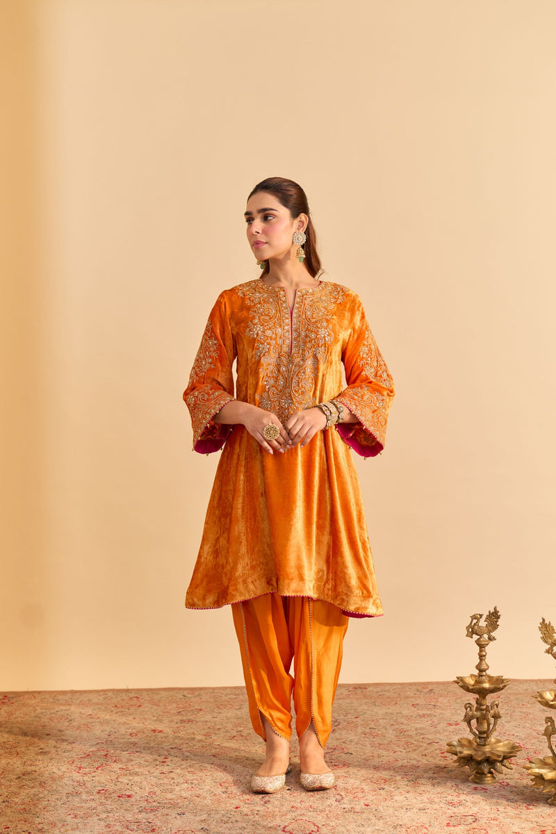 Eira - Silk Velvet Orange A-line Kurta with Dhoti