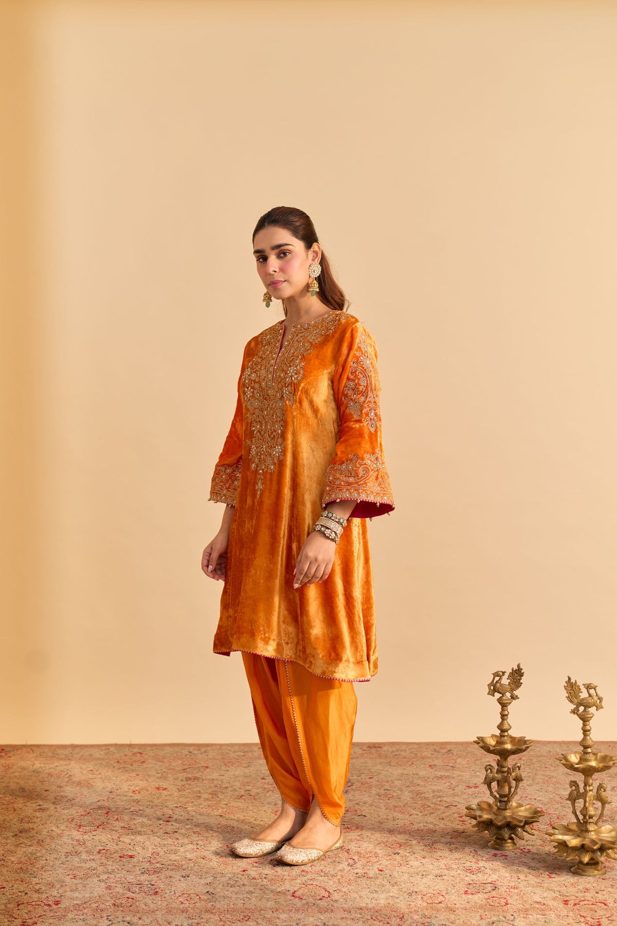 Eira - Silk Velvet Orange A-line Kurta with Dhoti