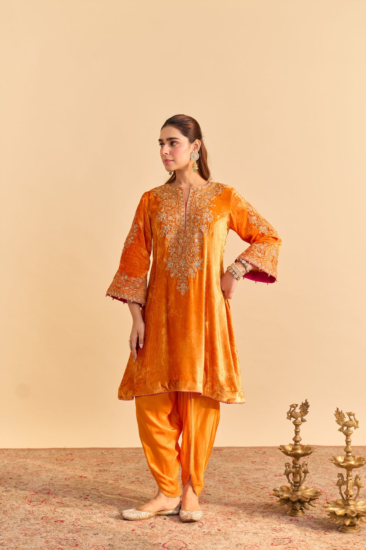 Eira - Silk Velvet Orange A-line Kurta with Dhoti