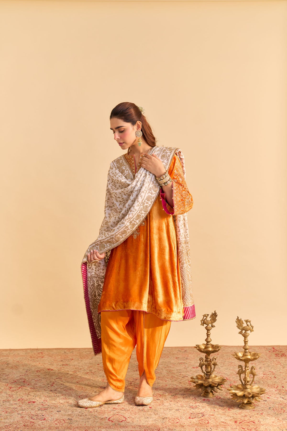Eira - Silk Velvet Orange A-line Kurta with Dhoti