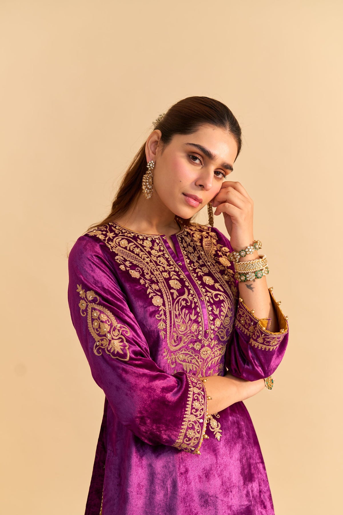 Aroob - Silk Velvet Deep Purple Kurta with Sharara and Dupatta