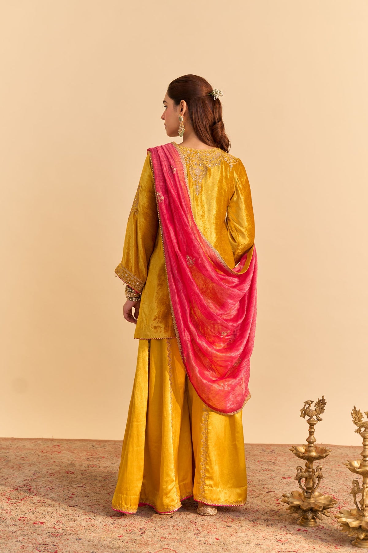 Aroob - Silk Velvet Heirloom Mustard Kurta with Sharara and Dupatta