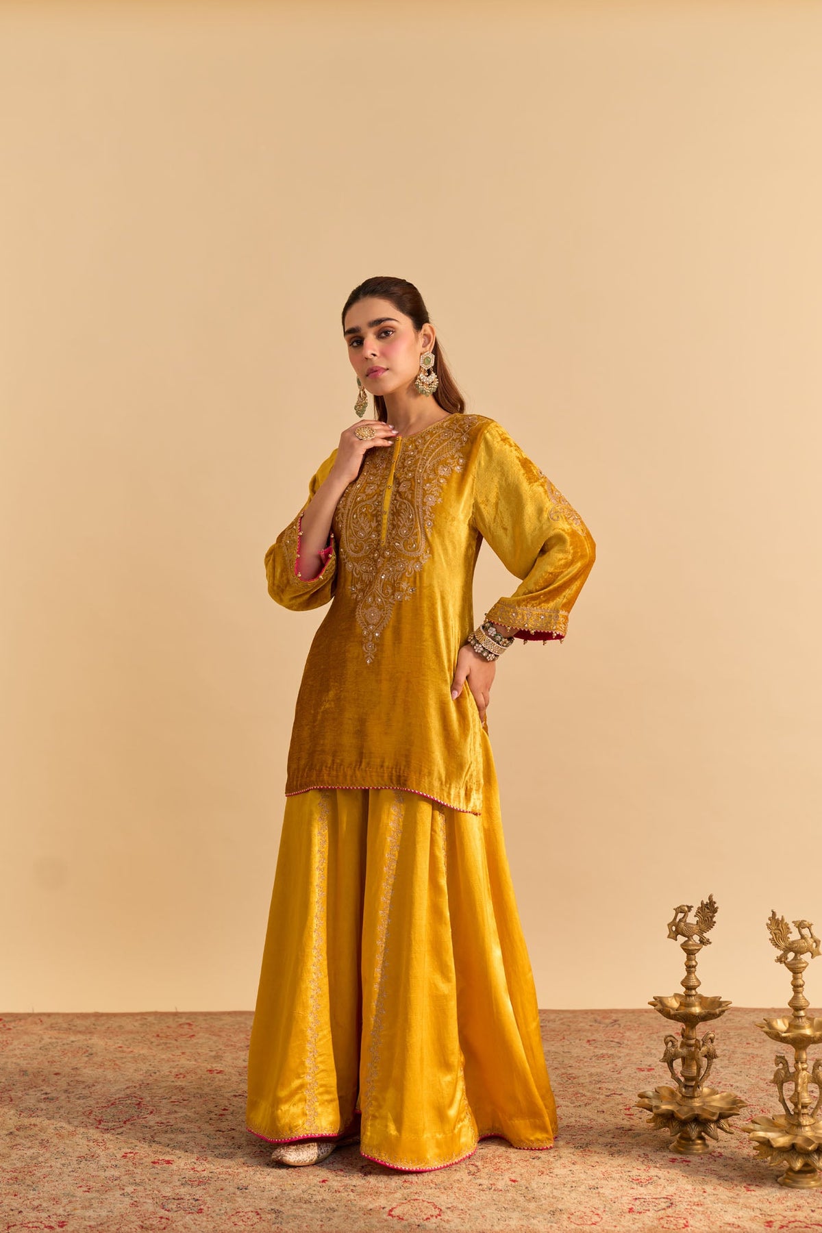 Arpita Gupta In Aroob - Silk Velvet Heirloom Mustard Kurta with Sharara and Dupatta