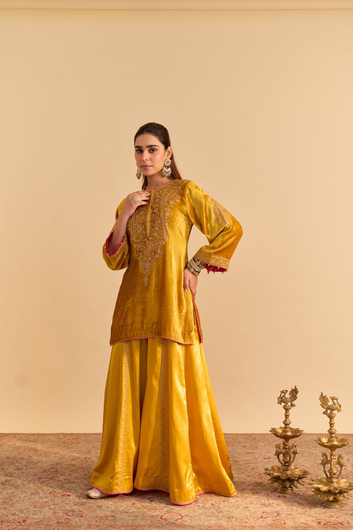 Arpita Gupta In Aroob - Silk Velvet Heirloom Mustard Kurta with Sharara and Dupatta
