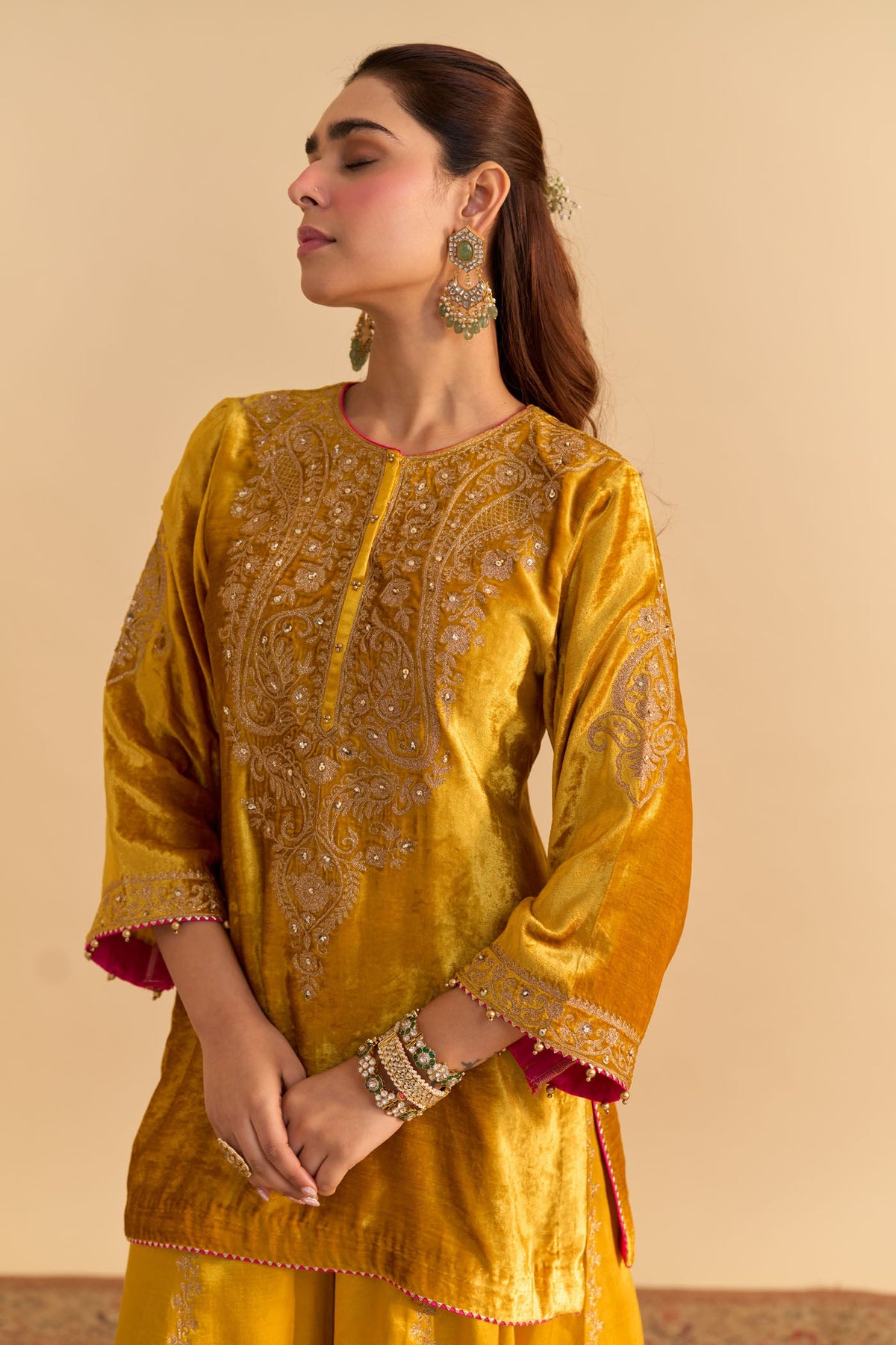 Arpita Gupta In Aroob - Silk Velvet Heirloom Mustard Kurta with Sharara and Dupatta