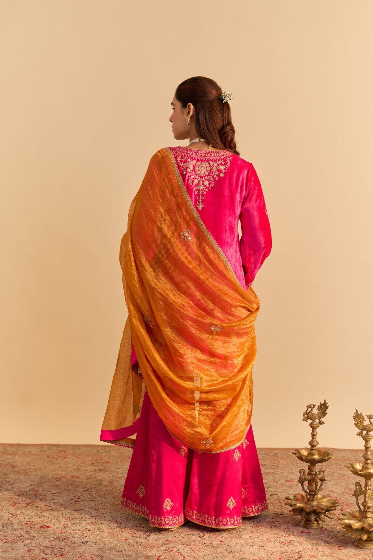 Nooren - Silk Velvet Rani Hotpink Kurta with Flared Palazzo and Dupatta