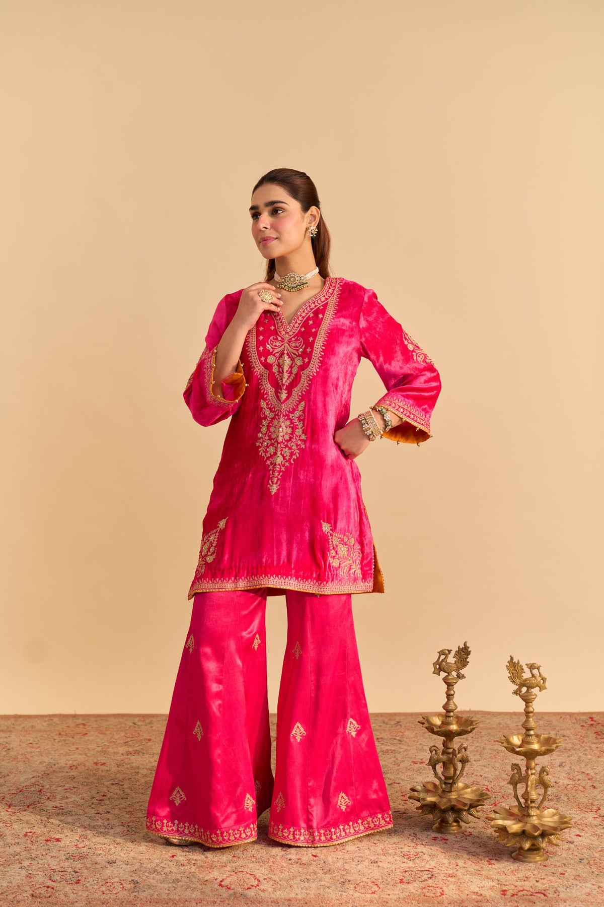 Nooren - Silk Velvet Rani Hotpink Kurta with Flared Palazzo and Dupatta