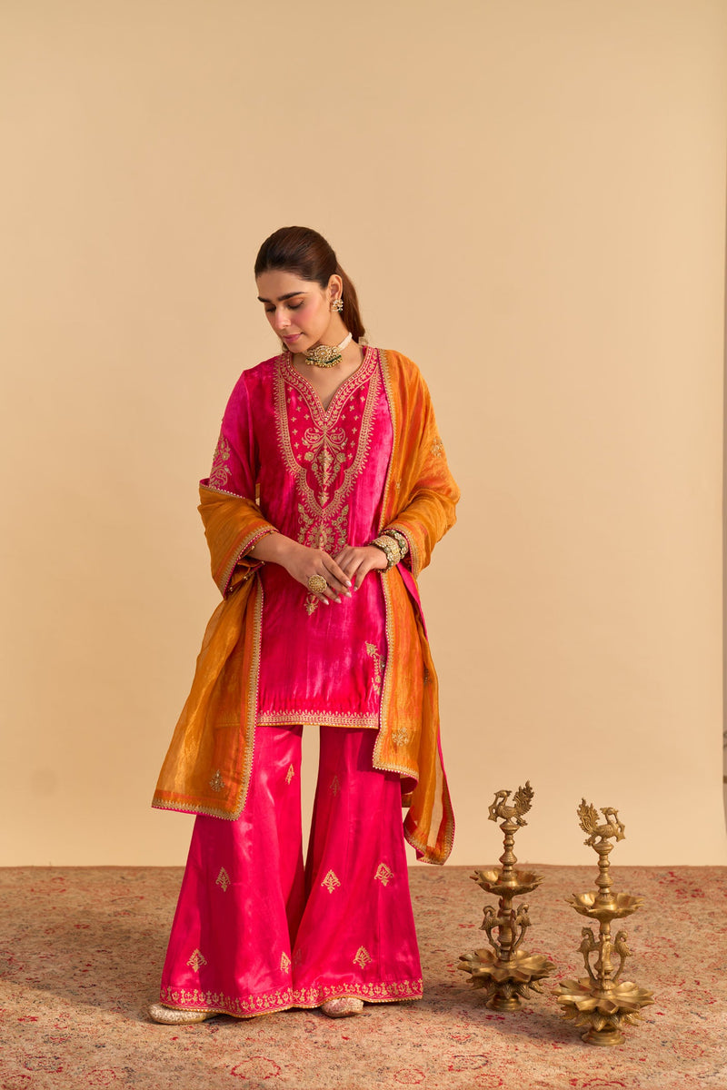 Nooren - Silk Velvet Rani Hotpink Kurta with Flared Palazzo and Dupatta