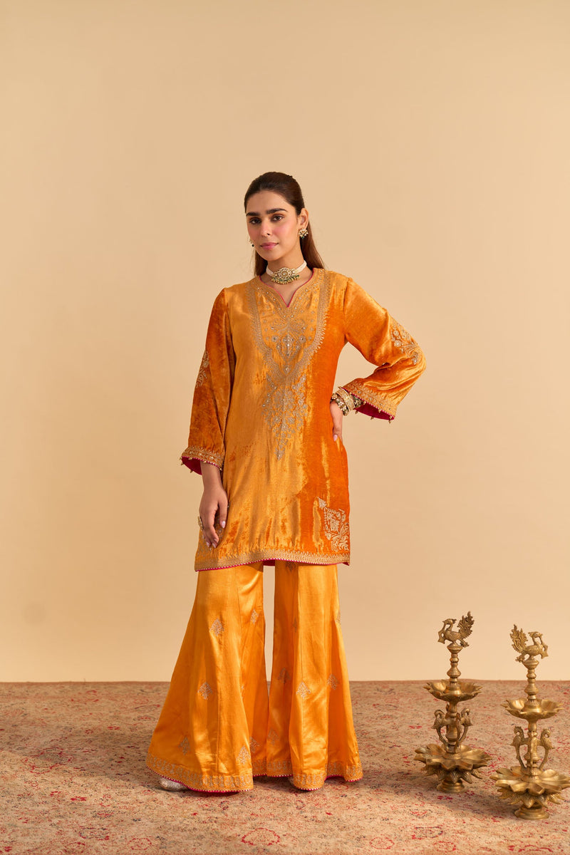 Nooren - Silk Velvet Burnt Orange Kurta with Flared Palazzo and Dupatta