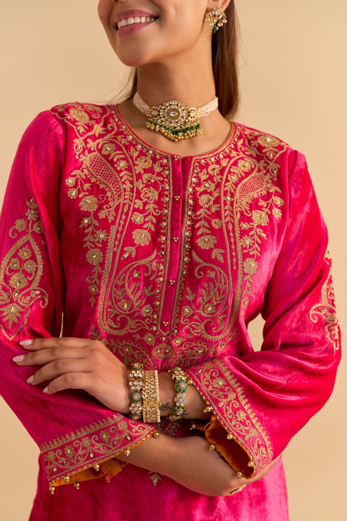 Mehel Kejriwal In Aroob - Silk Velvet Rani Hotpink Kurta with Sharara and Dupatta