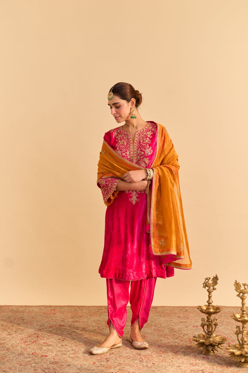 Eira - Silk Velvet Rani Hotpink A-line Kurta with Dhoti