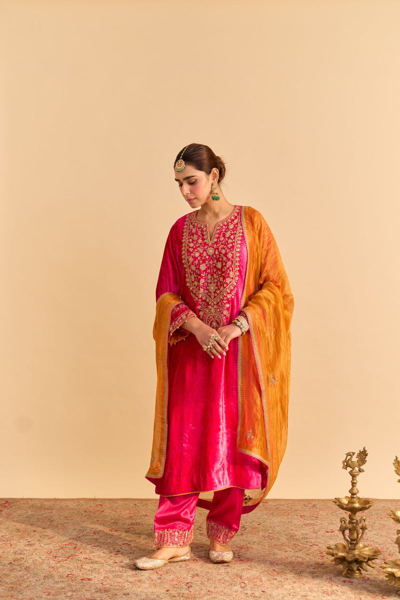 Fareeha Silk Velvet Hotpink Long Kurta with salwar