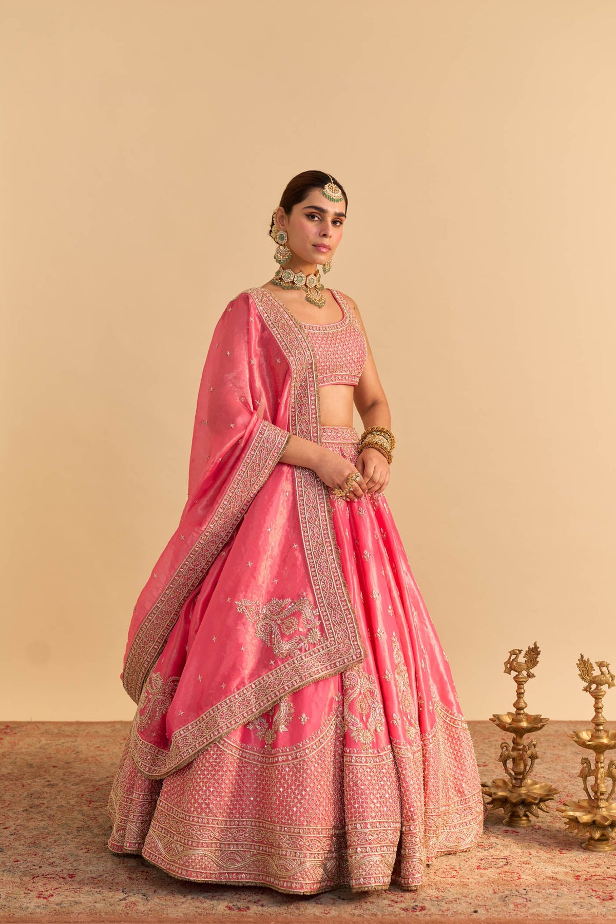 Aashina  - Dabka Zardozi Embroidered Pure Tissue Carrot Pink Lehenga Set