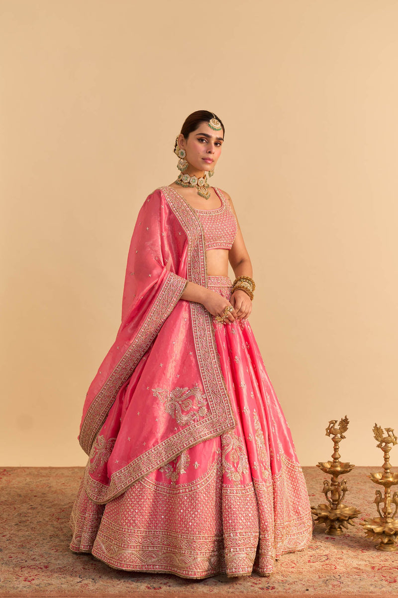 Aashina  - Dabka Zardozi Embroidered Pure Tissue Carrot Pink Lehenga Set