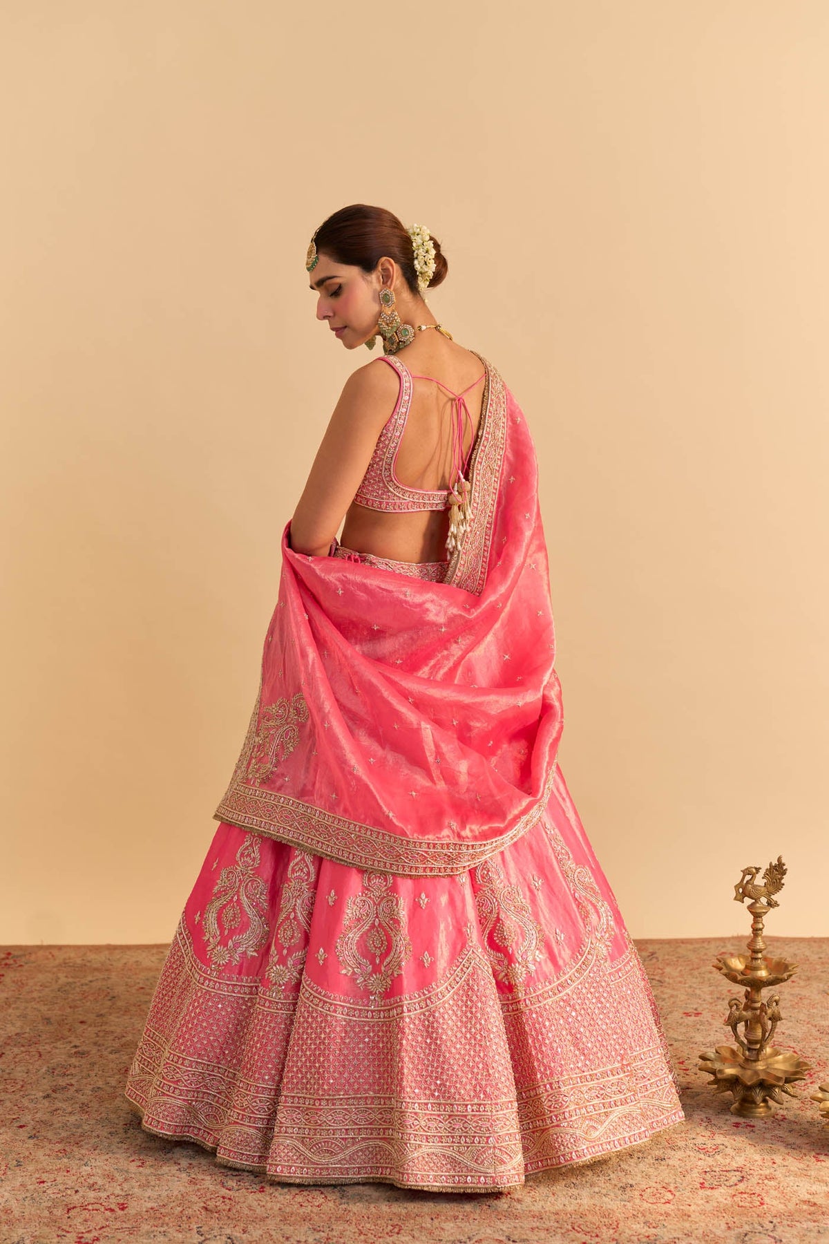 Aashina  - Dabka Zardozi Embroidered Pure Tissue Carrot Pink Lehenga Set