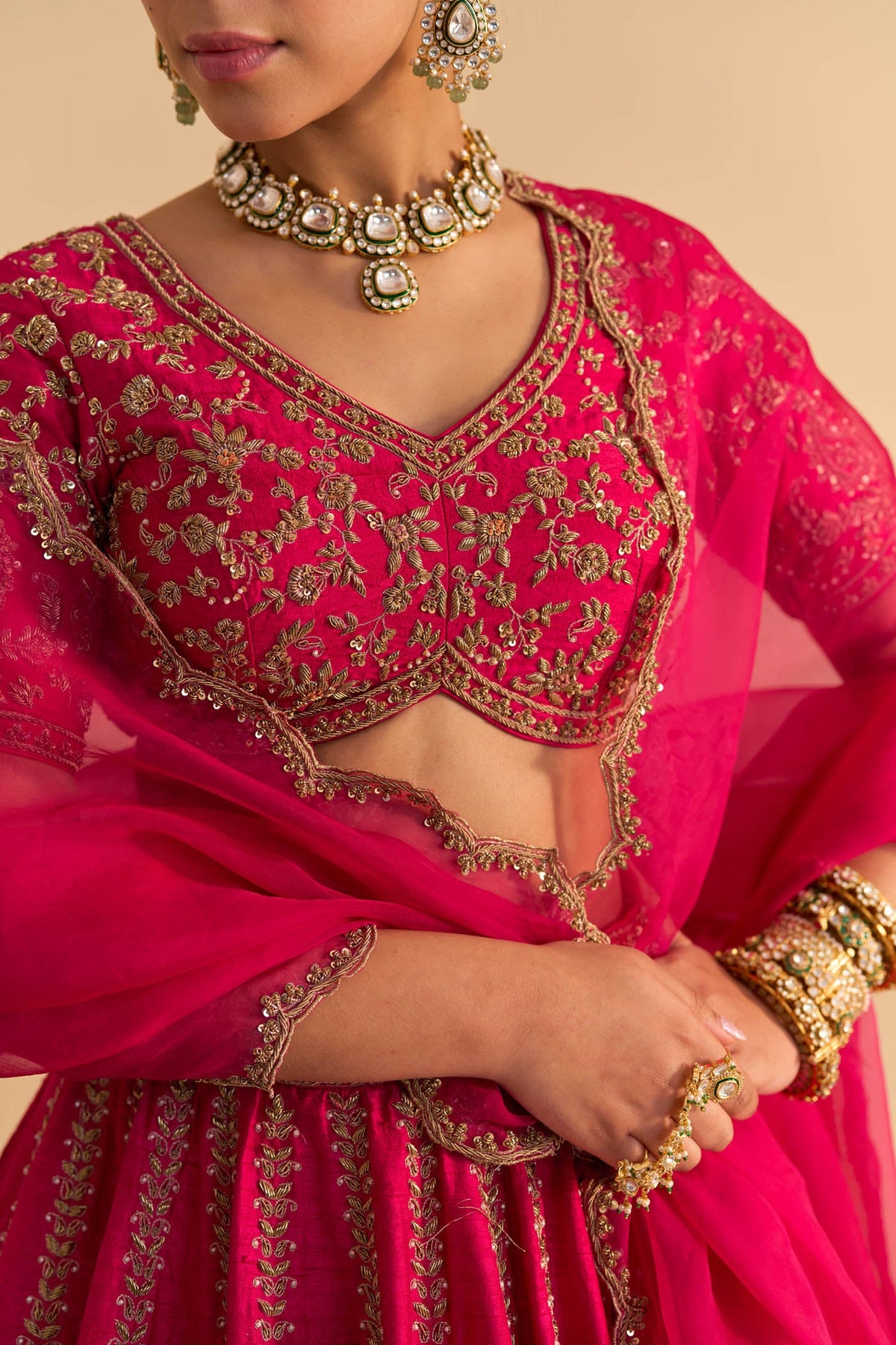 Naazila - Dabka Zardozi Embroidered Raw Silk Rani Hotpink Lehenga Set