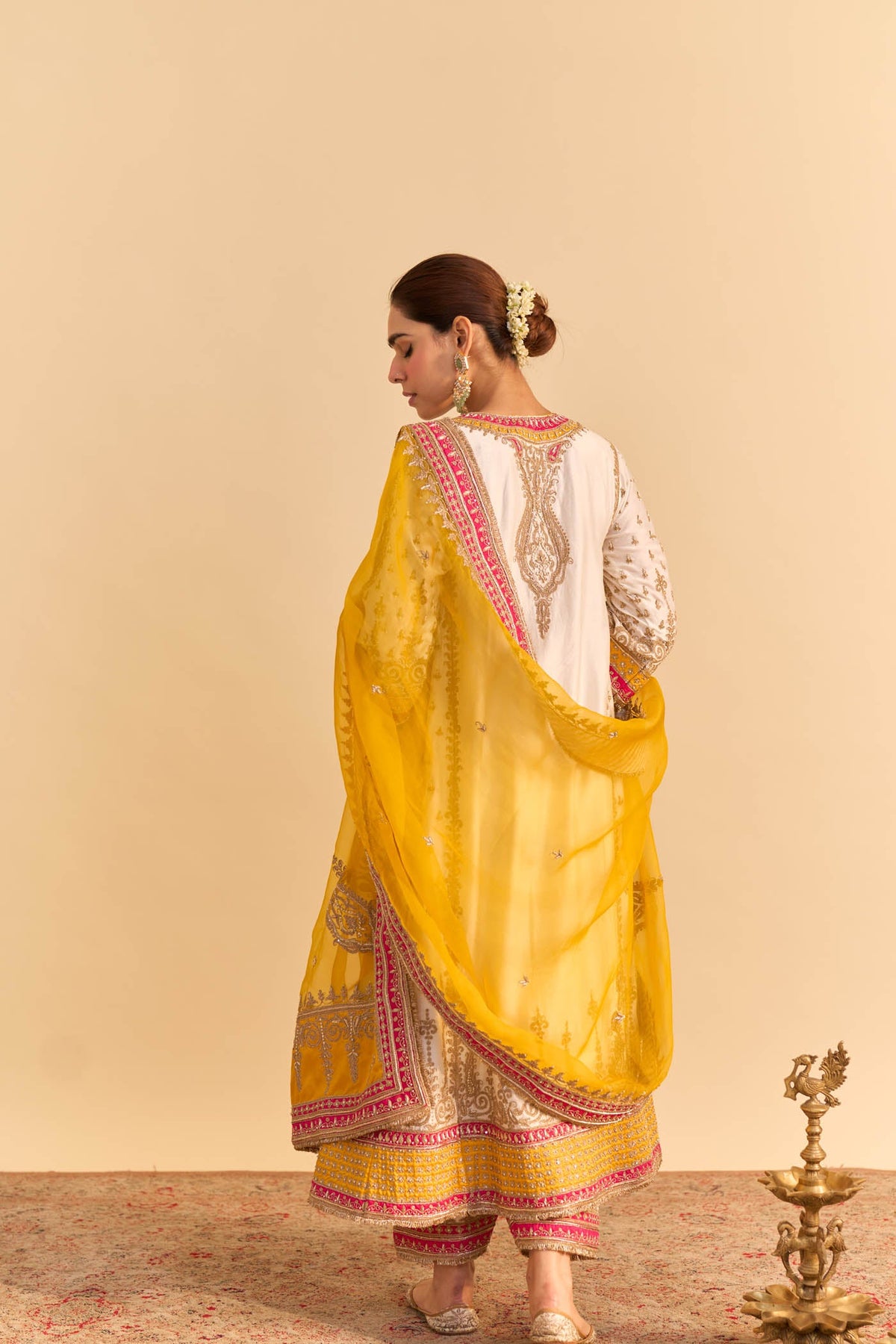 Nargis - Dabka Zardozi Embroidered Kalidaar Daisy Ivory with Heirloom Mustard Long Chauga Set