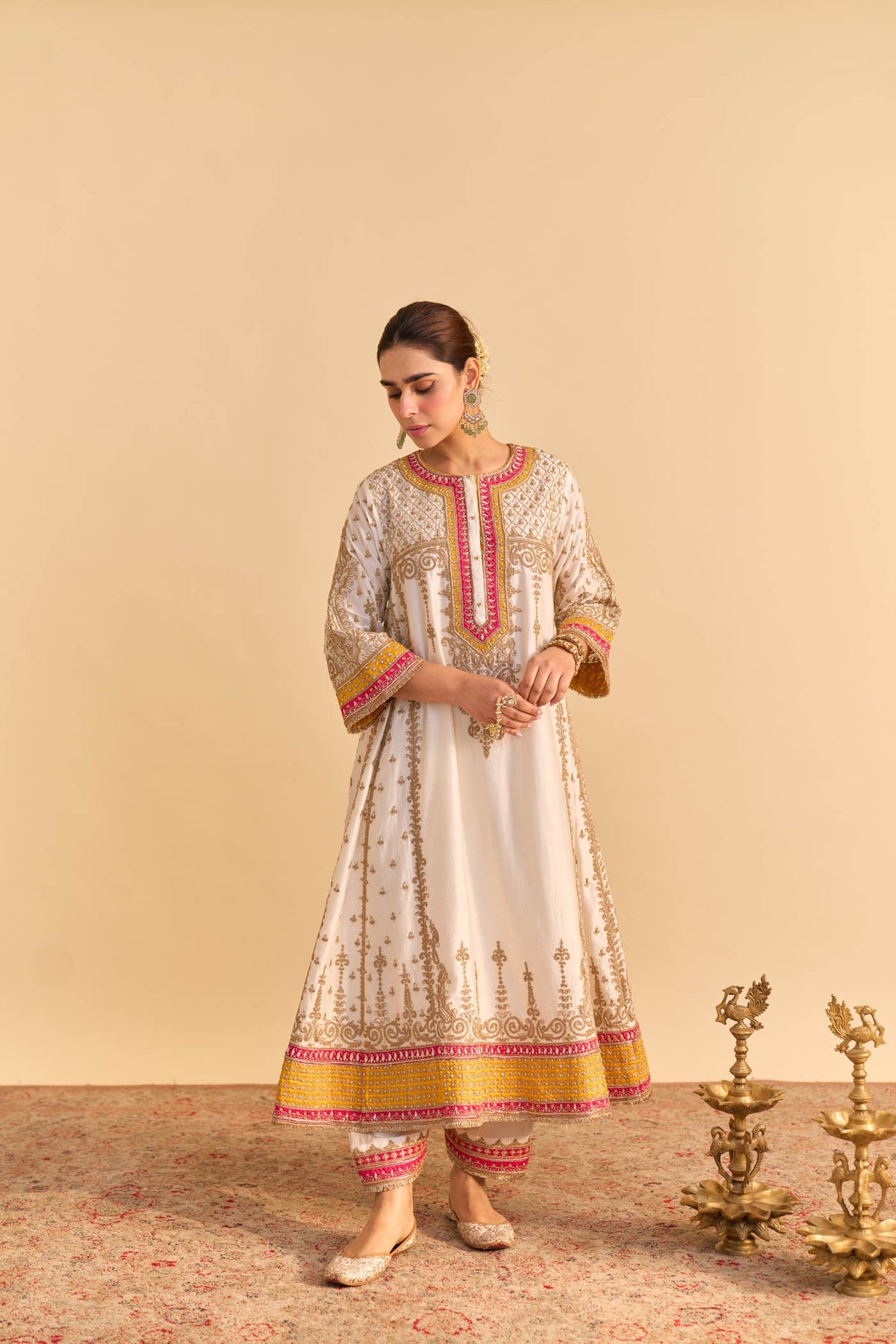 Nargis - Dabka Zardozi Embroidered Kalidaar Daisy Ivory with Heirloom Mustard Long Chauga Set (LXRTS)