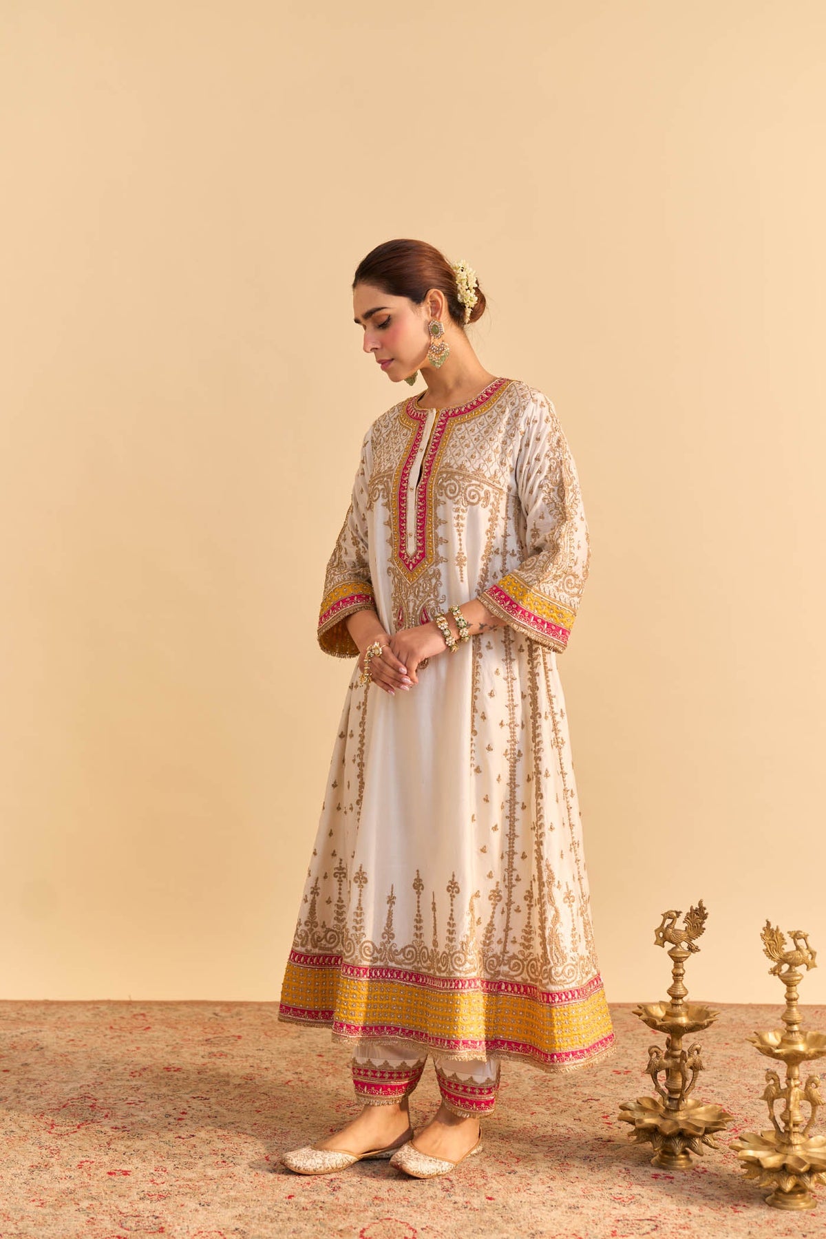 Nargis - Dabka Zardozi Embroidered Kalidaar Daisy Ivory with Heirloom Mustard Long Chauga Set