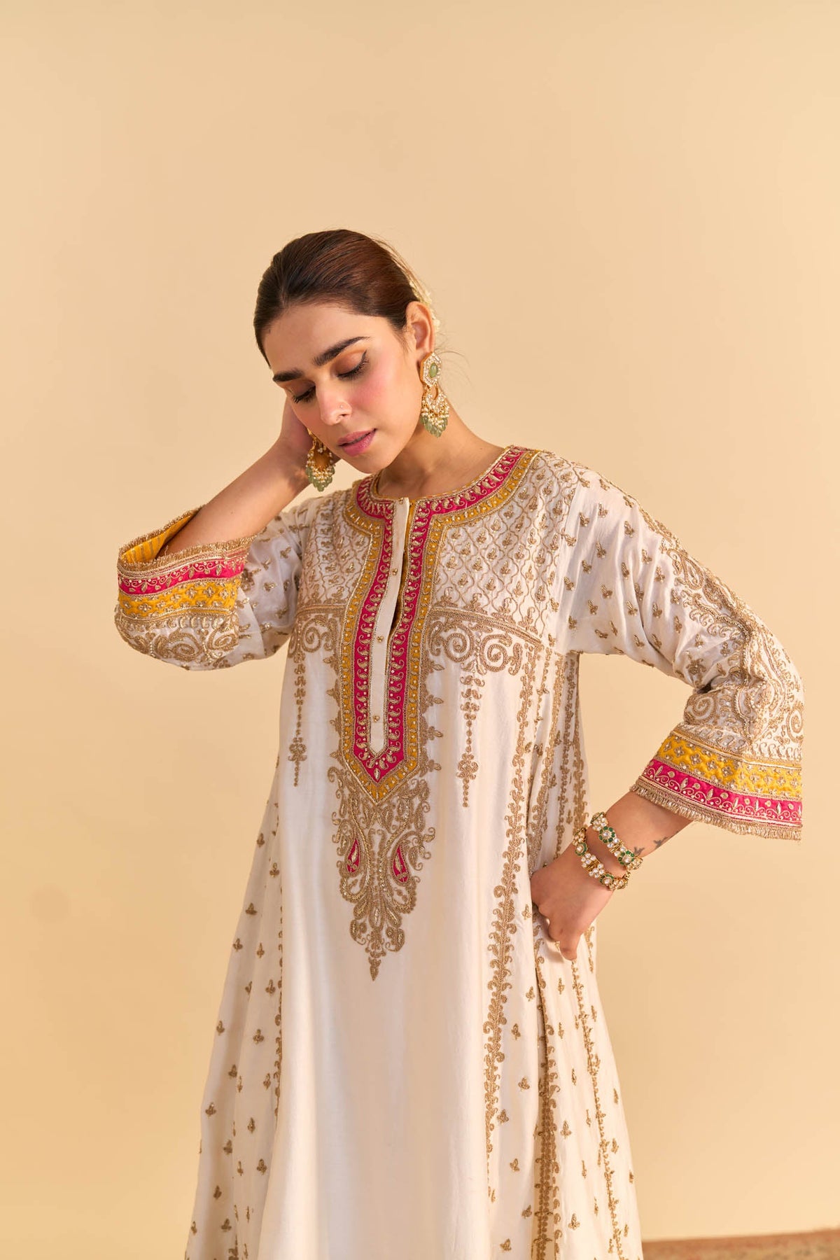 Nargis - Dabka Zardozi Embroidered Kalidaar Daisy Ivory with Heirloom Mustard Long Chauga Set