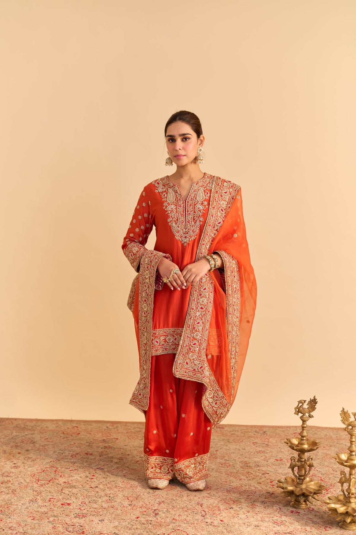 Kanikka Kapur In Naseha Burnt orange Dabka Zardozi Embroidered Short kurta Set