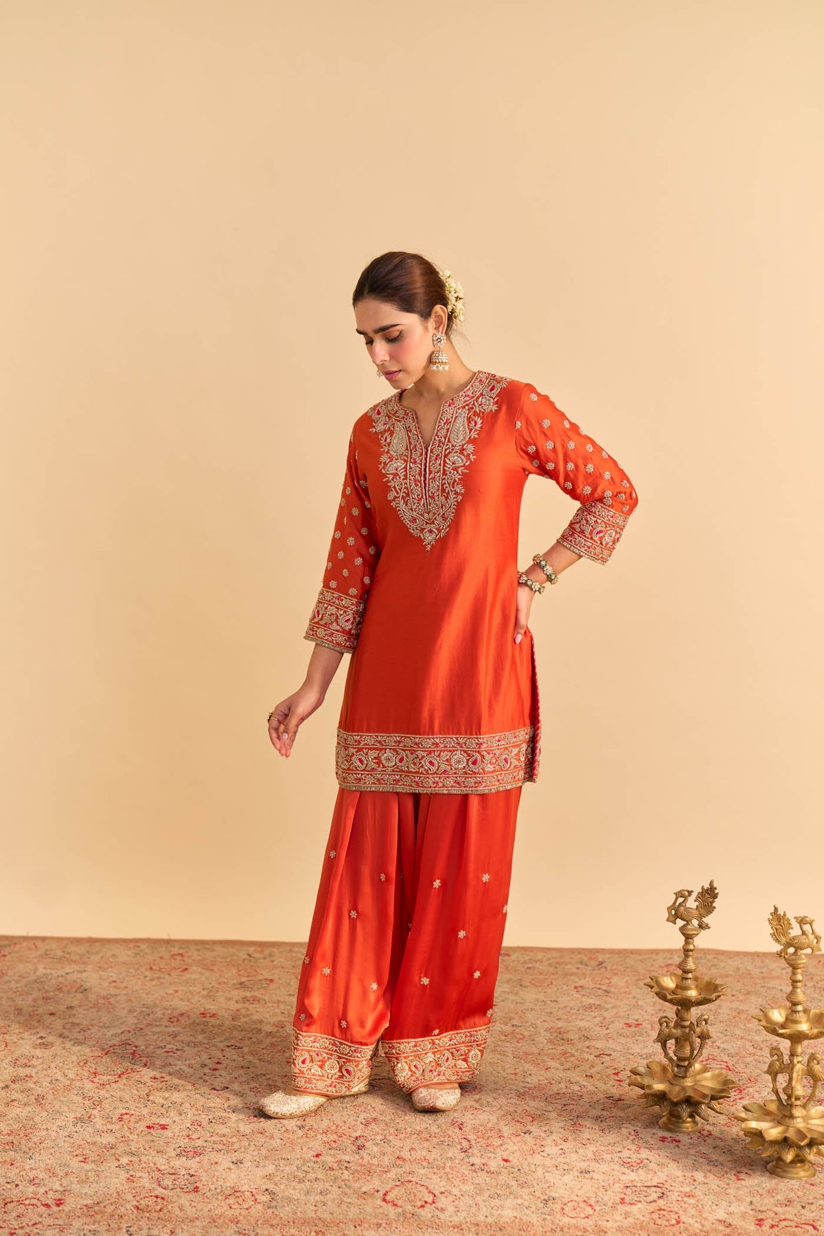 Naseha Burnt orange Dabka Zardozi Embroidered Short kurta Set