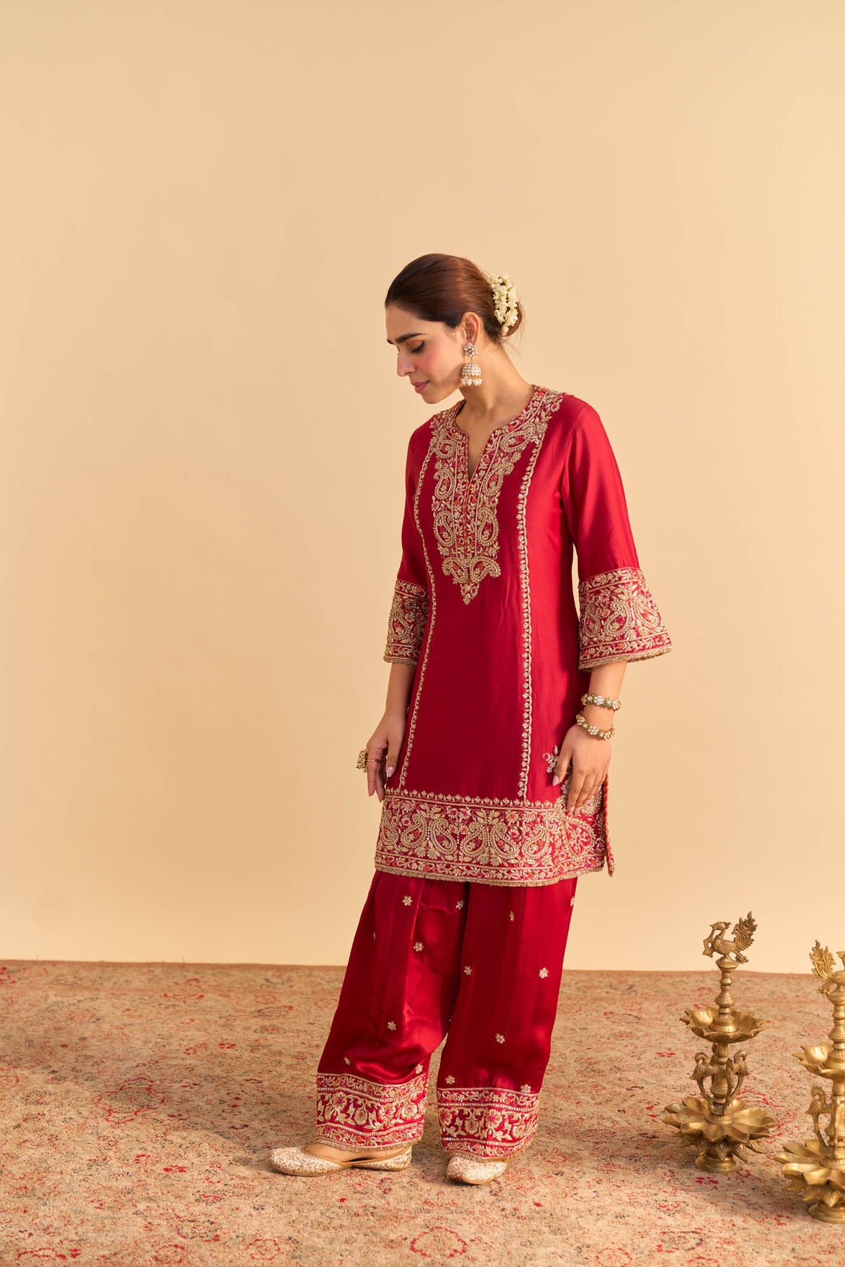 Dua Deep red Dabka Zardozi Embroidered Short kurta Set