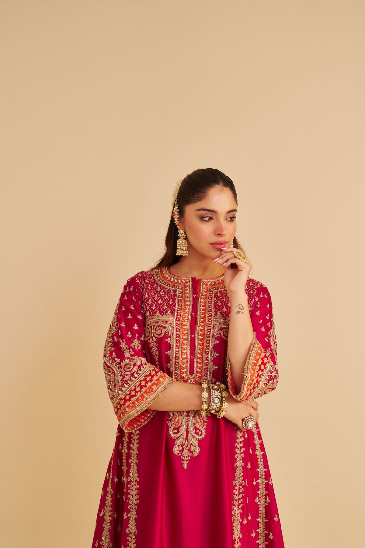 Nargis  - Dabka Zardozi Embroidered Rich Banarasi Kalidaar Rani Hotpink Long Chauga Set (LXRTS)