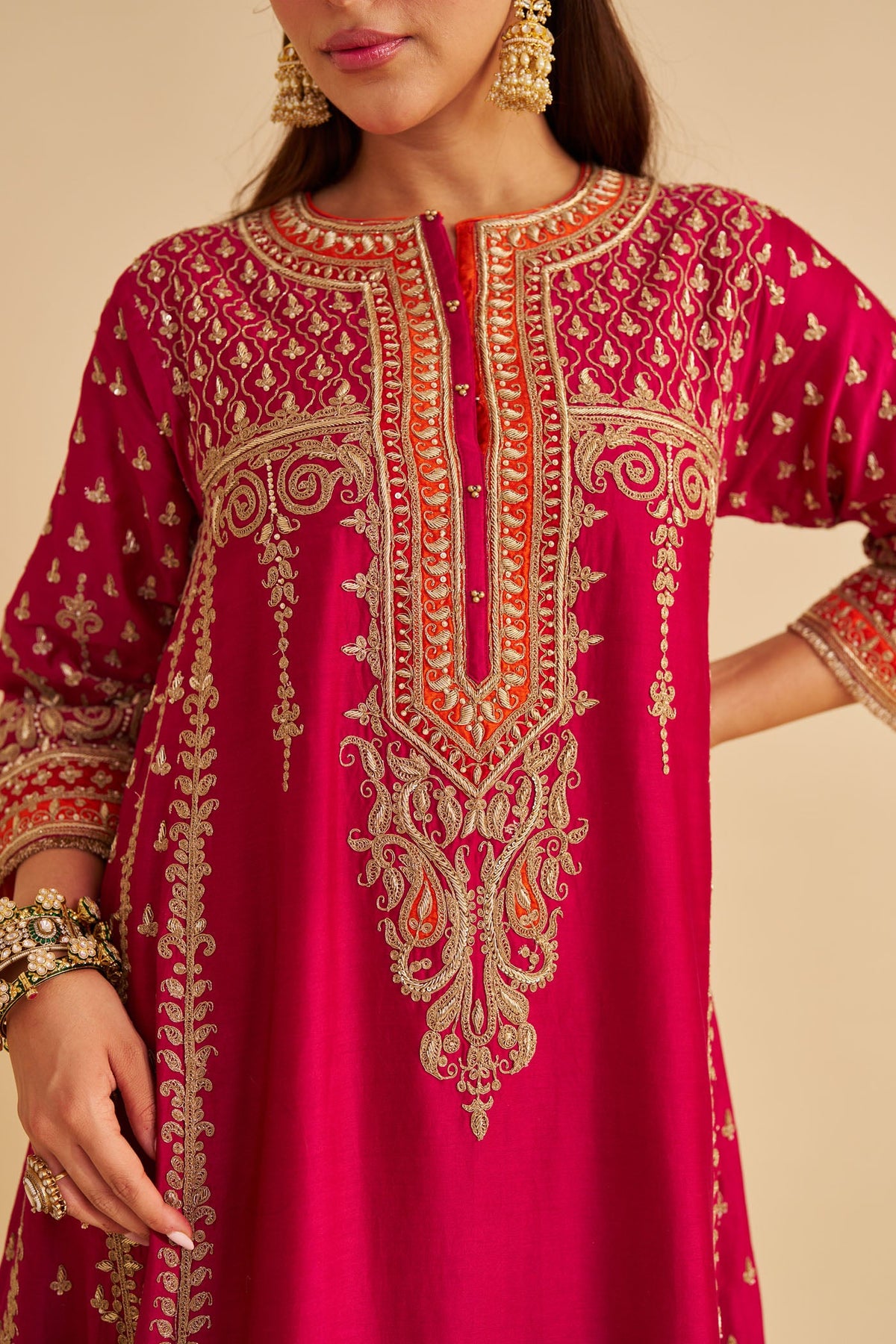 Nargis  - Dabka Zardozi Embroidered Rich Banarasi Kalidaar Rani Hotpink Long Chauga Set