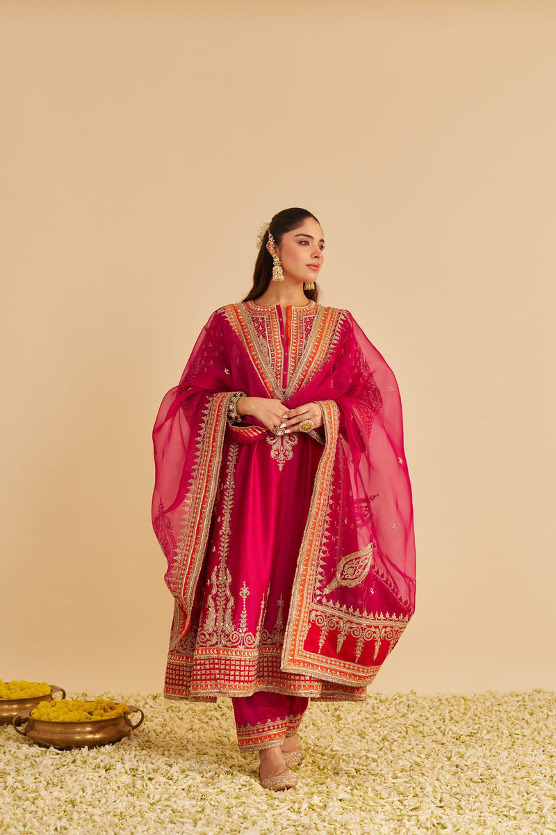 Nargis  - Dabka Zardozi Embroidered Rich Banarasi Kalidaar Rani Hotpink Long Chauga Set (LXRTS)