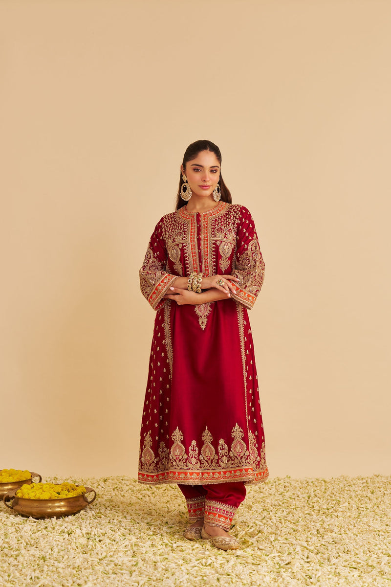 Zoya - Dabka Zardozi Embroidered Rich Banarasi Kalidaar Deep Red Long Chauga Set