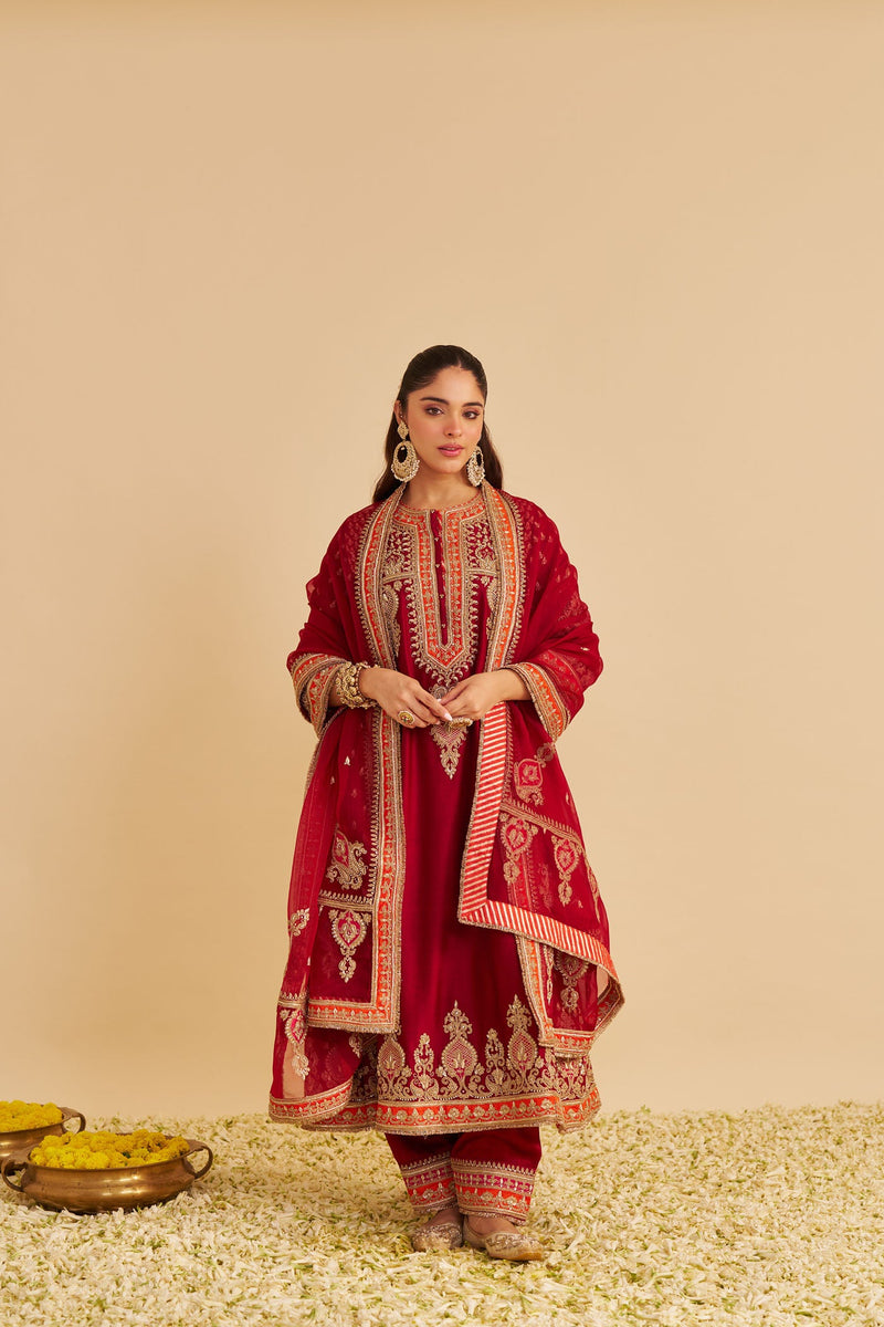 Zoya - Dabka Zardozi Embroidered Rich Banarasi Kalidaar Deep Red Long Chauga Set