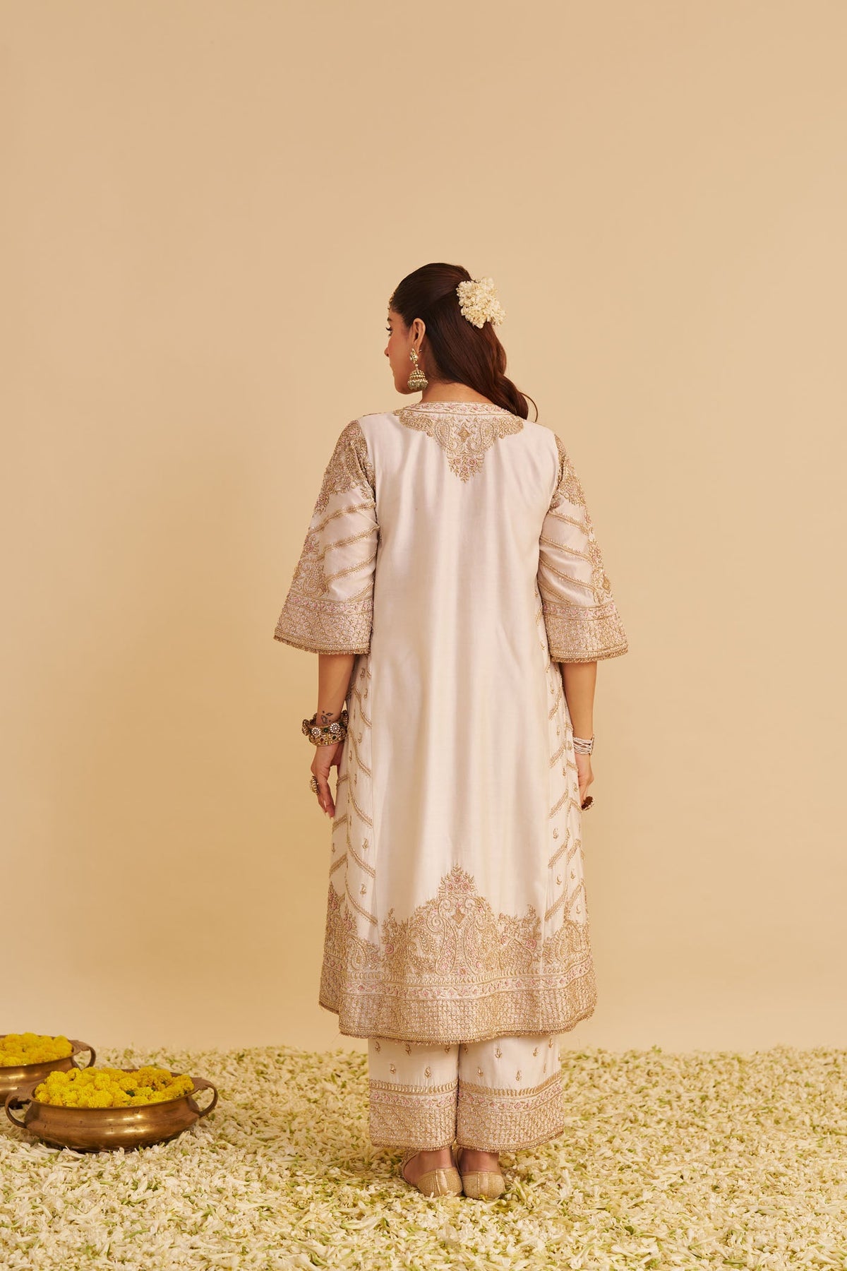 Aqsha  - Dabka Zardozi Embroidered Rich Banarasi Daisy Ivory Long Chauga & Palazzo with Dupatta (LXRTS)