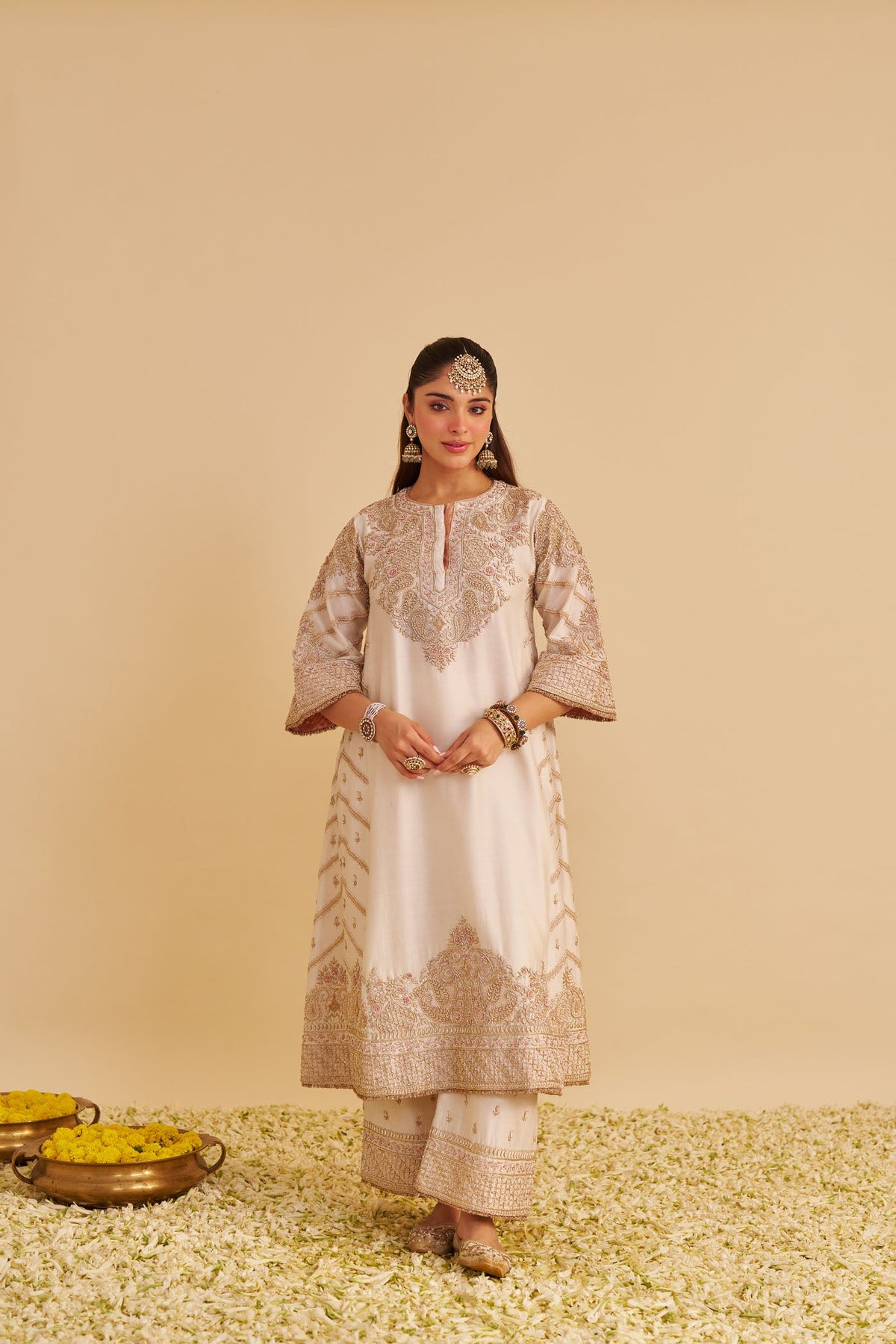Aqsha  - Dabka Zardozi Embroidered Rich Banarasi Daisy Ivory Long Chauga & Palazzo with Dupatta