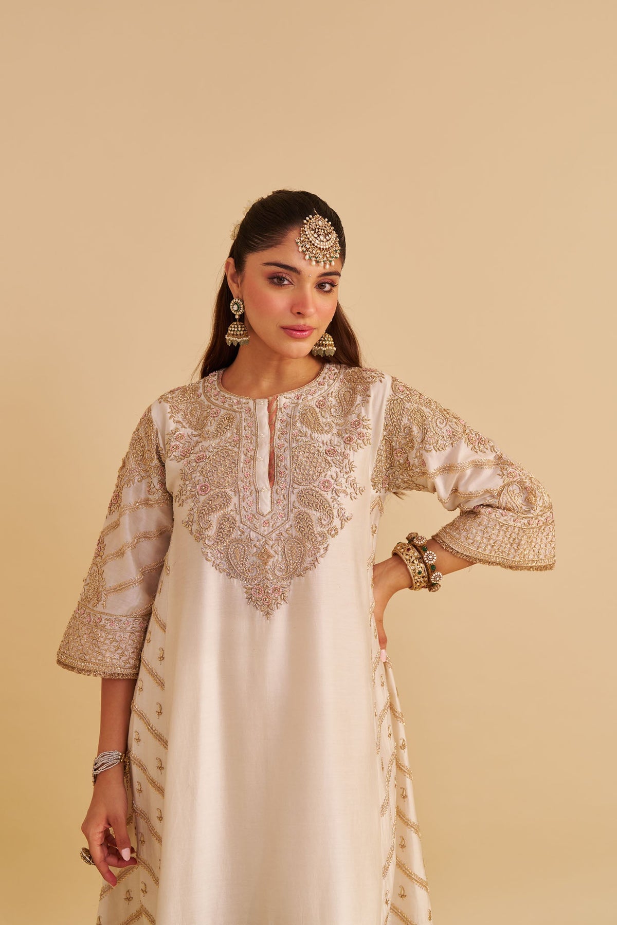 Aqsha  - Dabka Zardozi Embroidered Rich Banarasi Daisy Ivory Long Chauga & Palazzo with Dupatta (LXRTS)