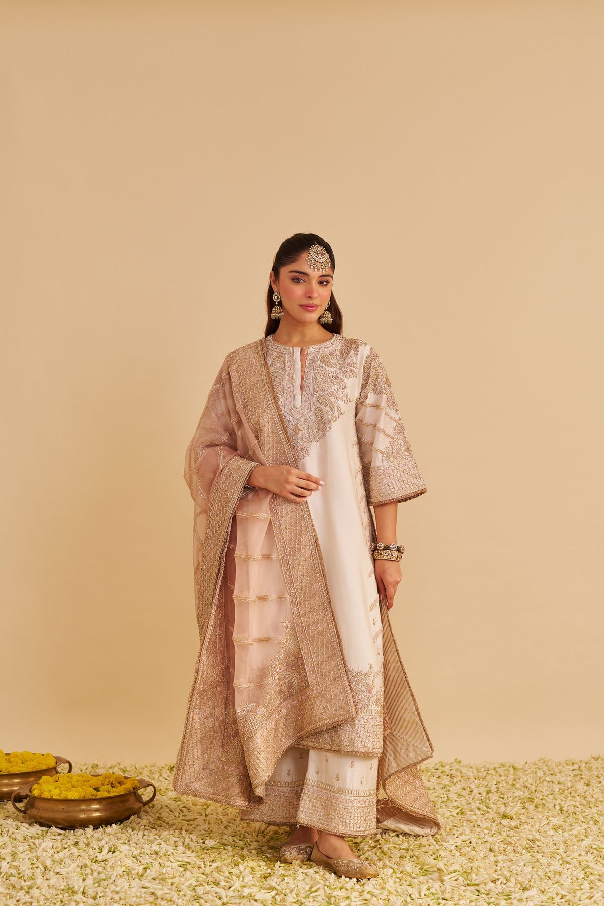 Aqsha  - Dabka Zardozi Embroidered Rich Banarasi Daisy Ivory Long Chauga & Palazzo with Dupatta