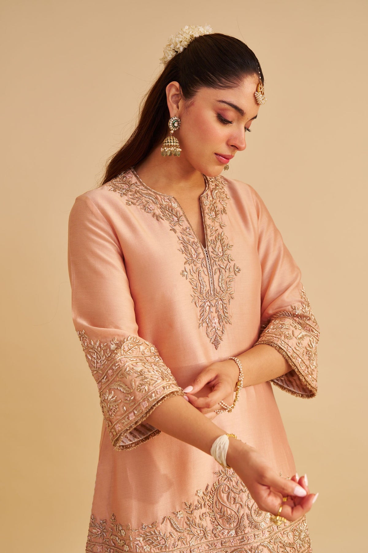 Areeba - Dabka Zardozi Embroidered Pure Banarasi Off Rose Short Kurta & Salwar with Dupatta