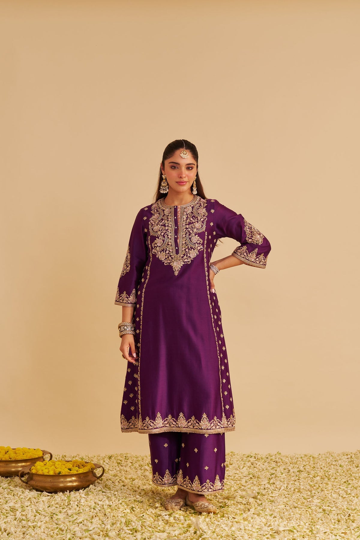 Anaiza - Dabka Zardozi Embroidered Purple Long Kurta & Palazzo with Dupatta