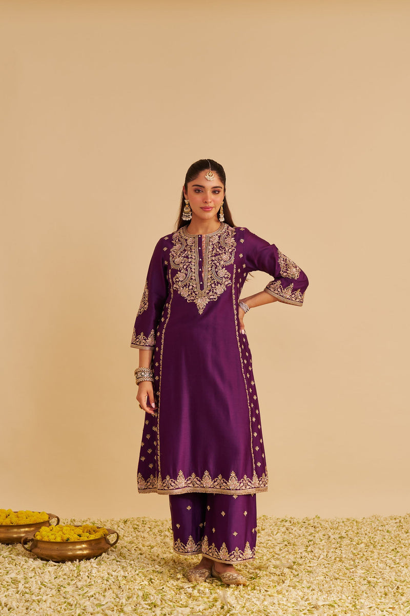 Anaiza - Dabka Zardozi Embroidered Purple Long Kurta & Palazzo with Dupatta